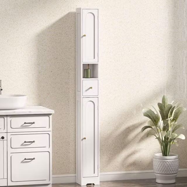 HOMCOM Slim White Bathroom Storage Cabinet with Adjustable Internal Shelves and Hinged Doors