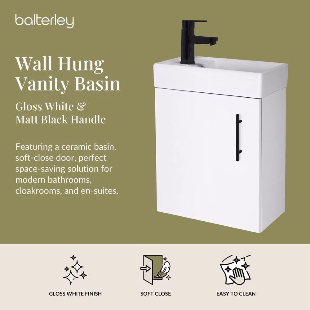 Balterley Modern Gloss White Wall Mounted Bathroom Vanity Basin with Matt Black Handle, Width: 40 cm – 2