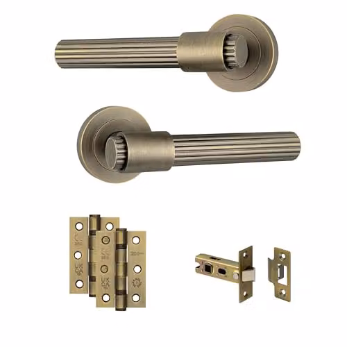 AXS Hardware Nevada Door Handle Pair on Rose with Stepped Collar Design in Antique Brass