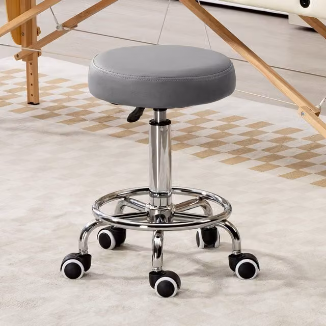 VINSETTO Round PU Leather Salon Beautician Stool with Adjustable Height in Grey – 1