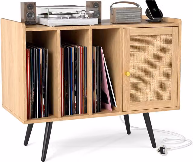 Costway Mid-Century Turntable Stand with Rattan Cabinet in Beige and Brown Matt Finish