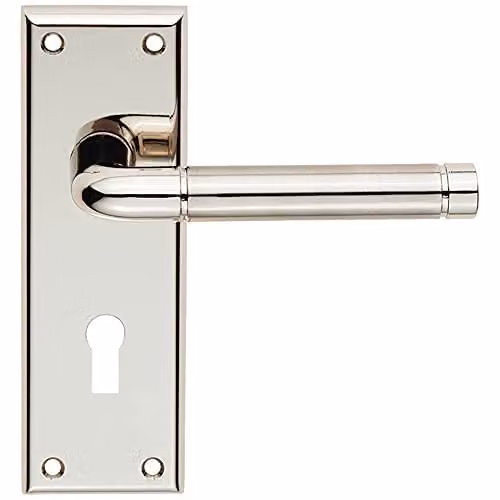 Loops Pair Round Bar Handle on Lock Backplate in Polished and Satin Nickel, W: 150 mm, H: 50 mm