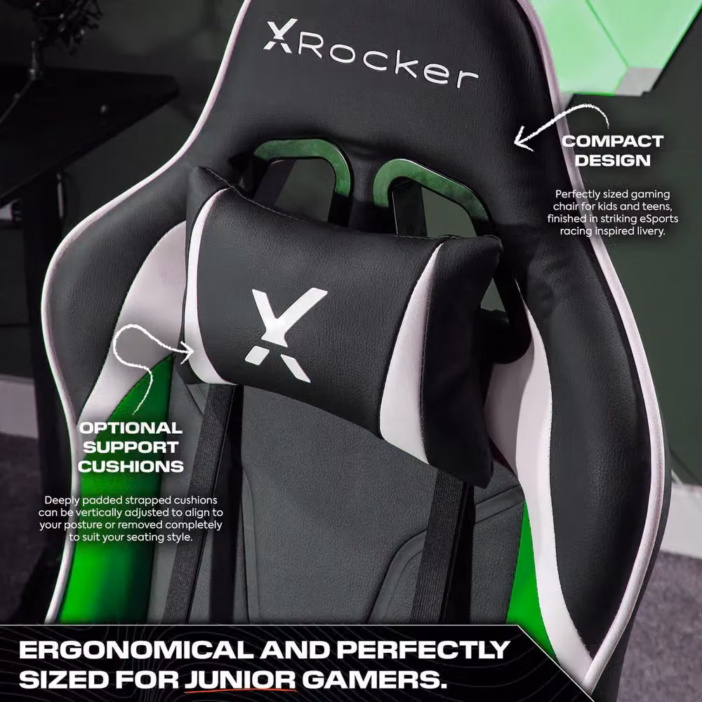 X Rocker Agility Junior Gaming Chair in Green with Synthetic Leather and Headrest – 3