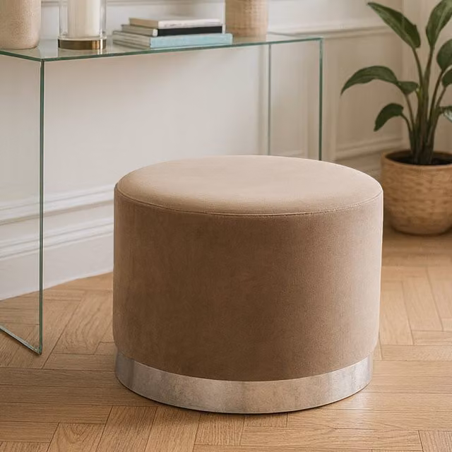 Orsina Brown Velvet Round Footstool with Silver Metal Base – 1