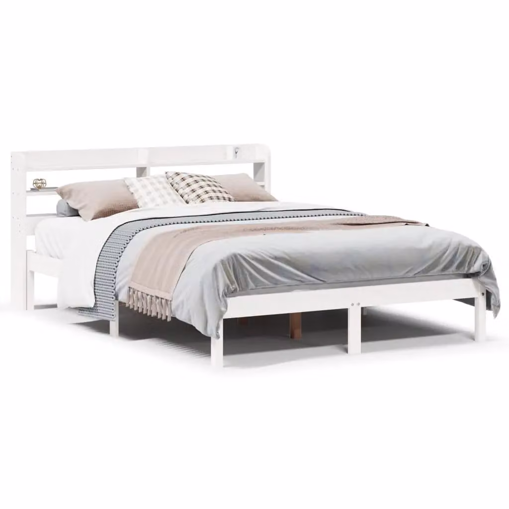 Berkfield Home White Solid Pine Bed Frame with Side Compartments W/D/H: 160 x 200 cm