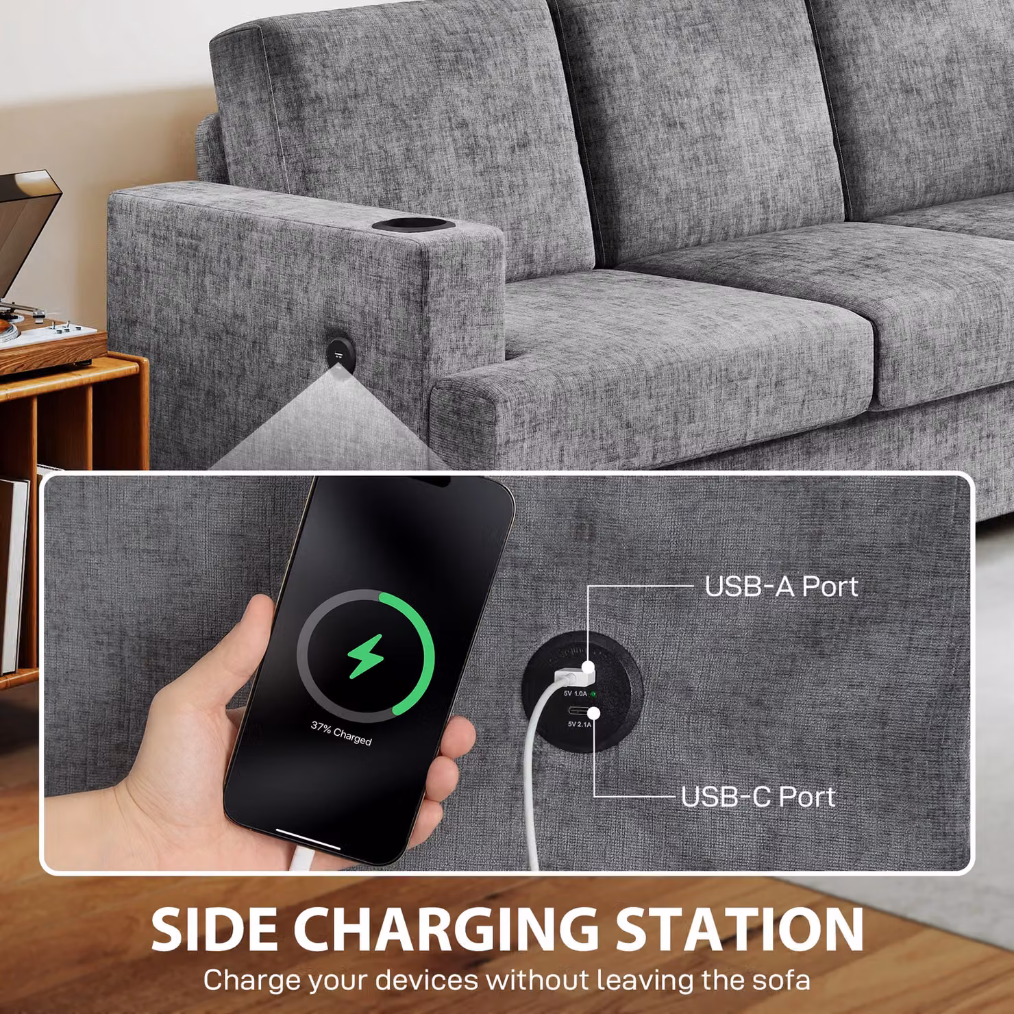 HOMCOM 3 Seater Grey Fabric Sofa with USB Charging Ports and Cup Holders – 4