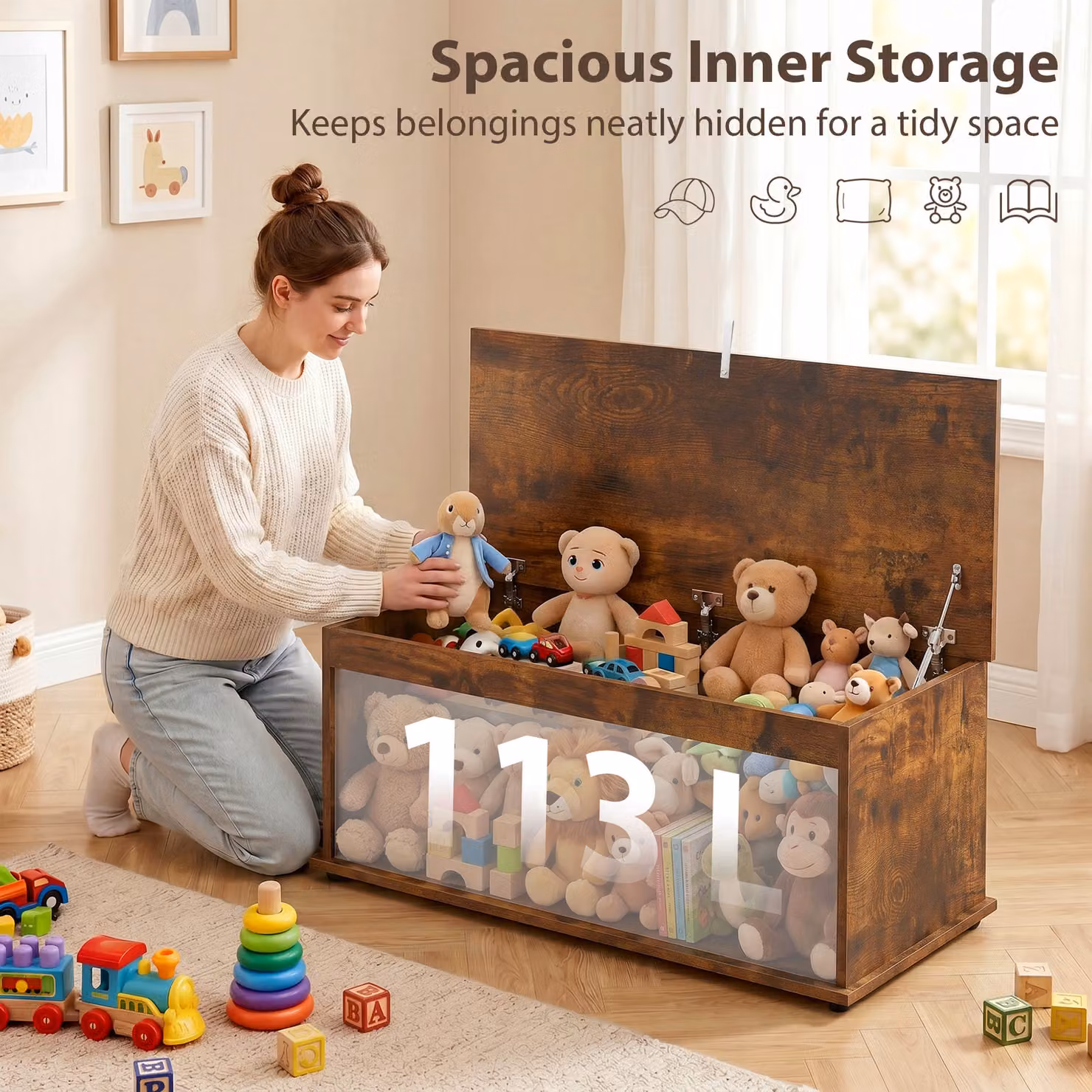 HOMCOM 113L Storage Chest in Brown with Flip-Top Lid, W/D/H: 100 x 40 x 40 cm – 4