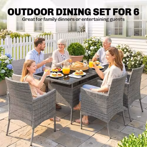 Outsunny 7-Piece Grey Polyrattan Garden Dining Set with Glass Top Table and 6 Chairs – 3