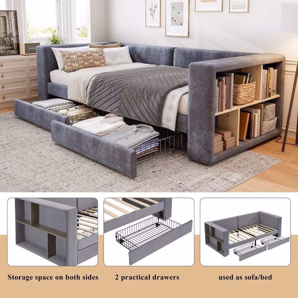 Rolipo Grey Velvet Single Daybed Sofa Bed with Storage Drawers, W/D/H: 90 x 190 x 74.5 cm – 3