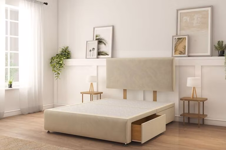 Sloomy Sterling Plush Divan Bed Set with 2 Drawers on Left Side, 26 inch Strutted Headboard and 12 inch Matching Footboard, Beige, W/D/H: 140 x 200 cm