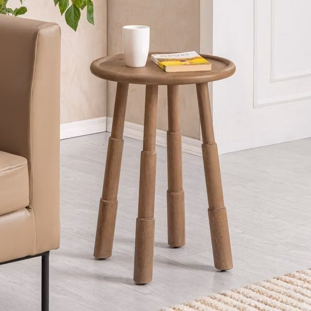 MH London Bali Round Solid Wood Side Table in Cerused Taupe