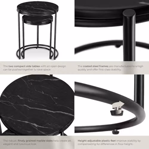 tectake Set of 2 Round Nesting Coffee Tables in Black Marble Look with Height-Adjustable Metal Frames – 6