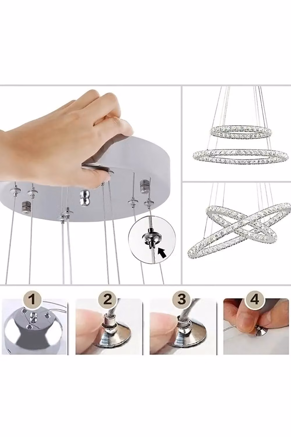 Living and Home Modern Adjustable Crystal LED Pendant Light in Silver – 2