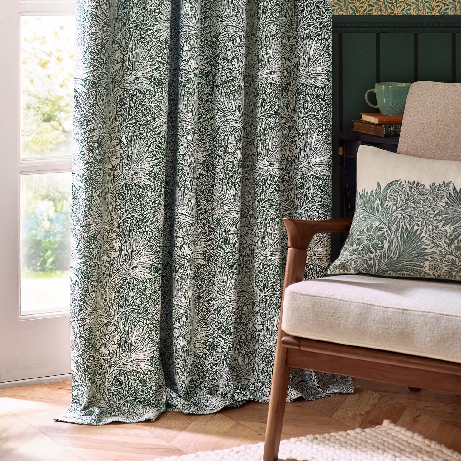 Morris & Co Marigold Floral Jacquard Pencil Pleat Curtains in Green, Width: 168 cm, Drop: 137 cm – 4