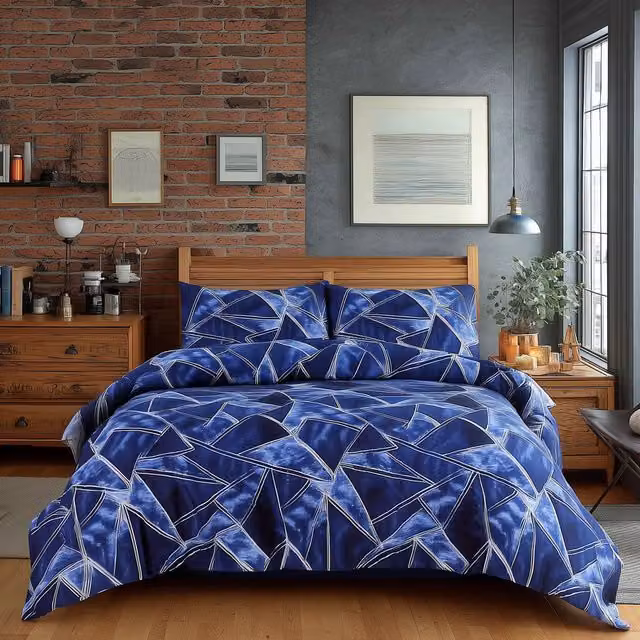 Snug City Blue Triangle Design Polycotton Duvet Cover and Pillowcase Set, Super King, W: 200 cm x D: 200 cm – 1