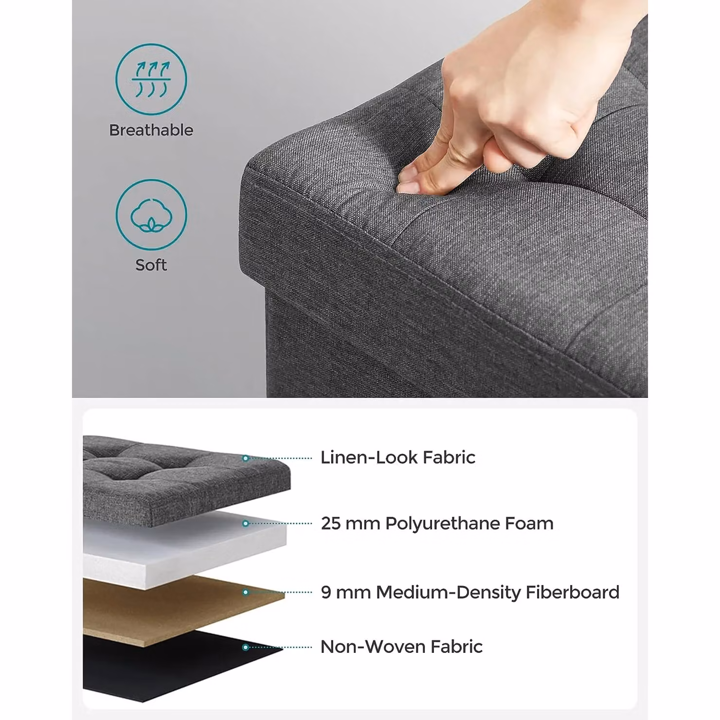 SONGMICS Small Folding Storage Ottoman Cube Foot Rest in Dark Grey – 4
