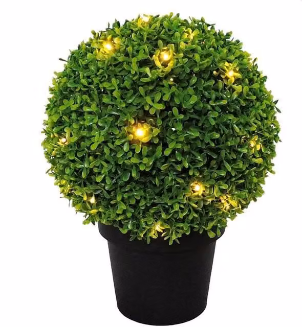 FLAVORA Green Solar Topiary Ball with 20 Warm White LED Flower Lights, Diameter: 28 cm