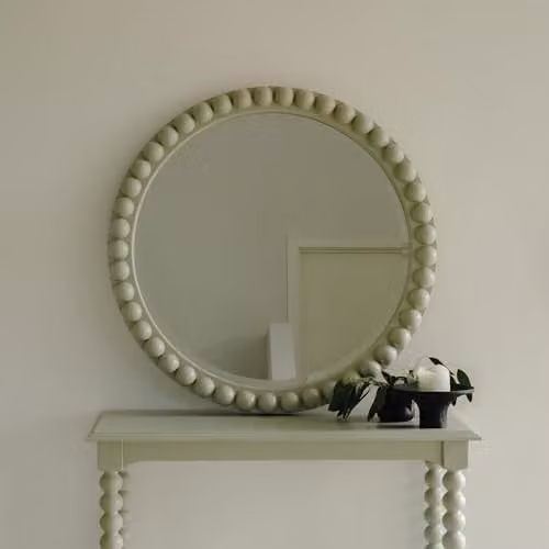 Statement Furniture Cromwell Round Wall Mirror in Pale Olive with Wooden Bobbin Design, Diameter: 77 cm