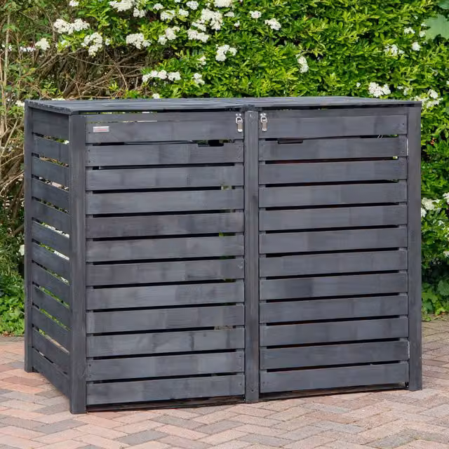 Samuel Alexander Modern Wooden Double Wheelie Bin Store for 2 Bins in Grey and Black, W/D/H: 116 x 81 x 81 cm