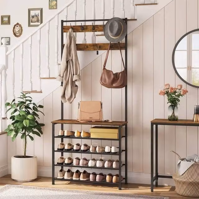 HOOBRO Industrial Hall Tree with Bench and 9 Hooks in Black – 1