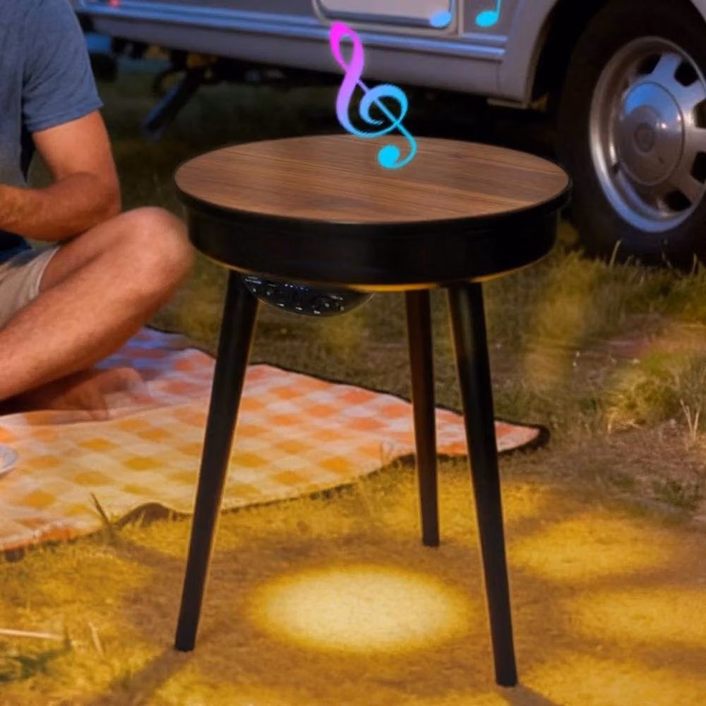 KORVIXA Walnut and Black Smart Side Table with Bluetooth Speaker, Brown, W/D/H: 100 x 100 x 100 cm – 3