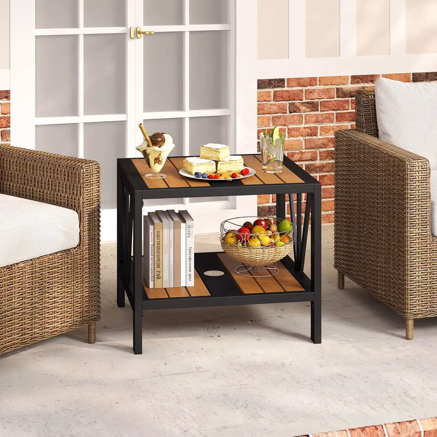 Gymax 2-Tier Metal Small Patio Coffee Table and Garden Side Table in Khaki, W/D/H: 52 x 46 x 45 cm – 3