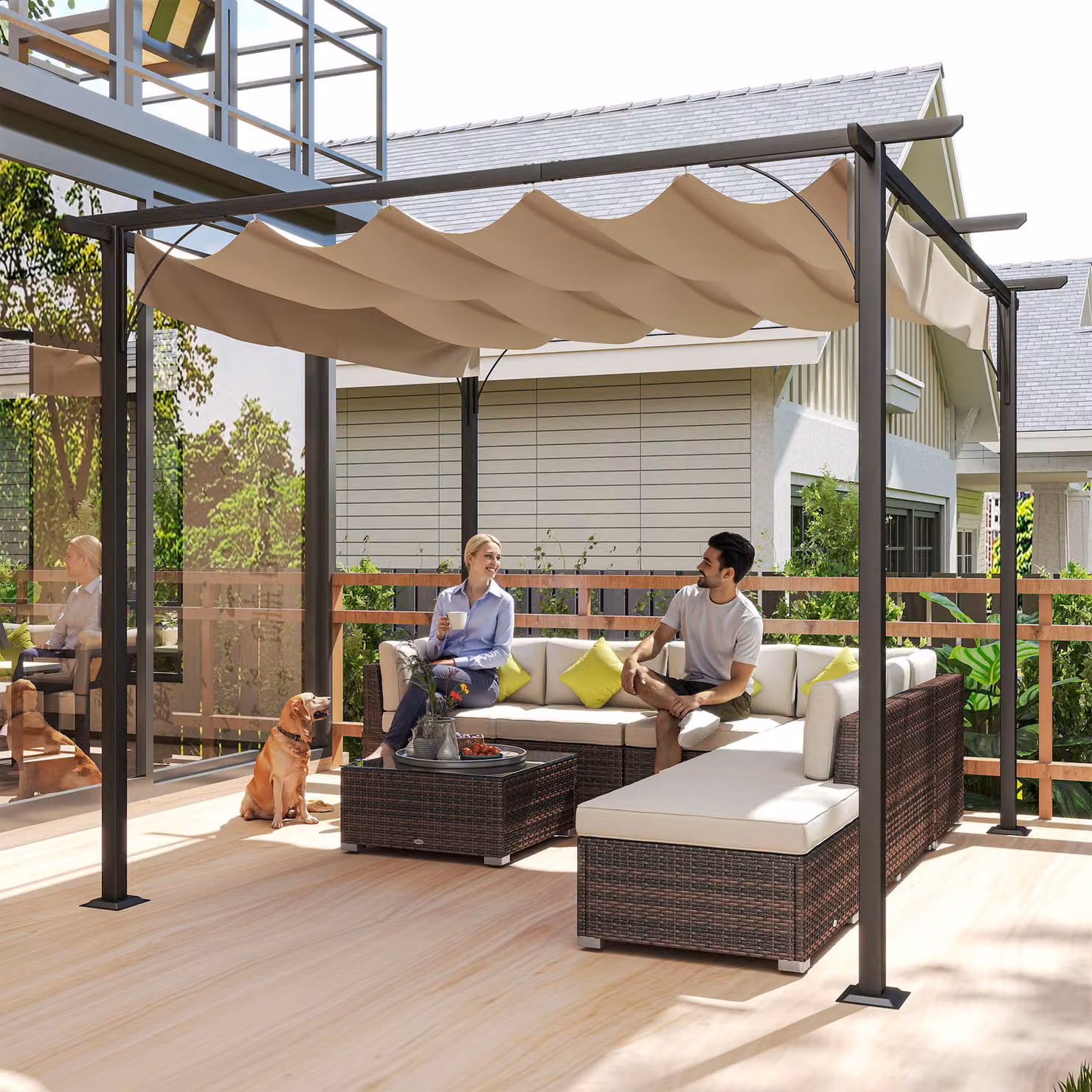 Outsunny Retractable Roof Garden Gazebo with Sides in Beige, W/D/H: 300 x 300 x 230 cm – 7