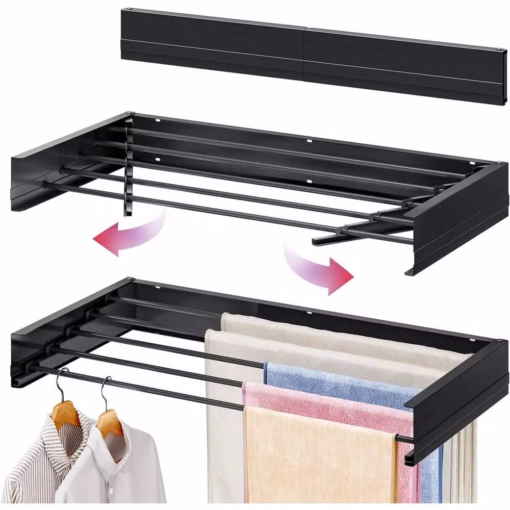PAWNORA Wall Mounted Metal Laundry Drying Rack, Black, Width: 120 cm – 2