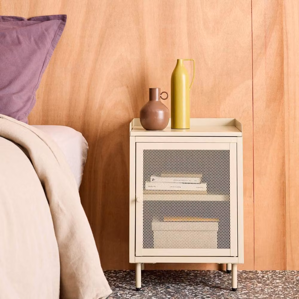 Sweekeek Industrial Metal Bedside Table with 1 Door, Set of 2, Cream – 3