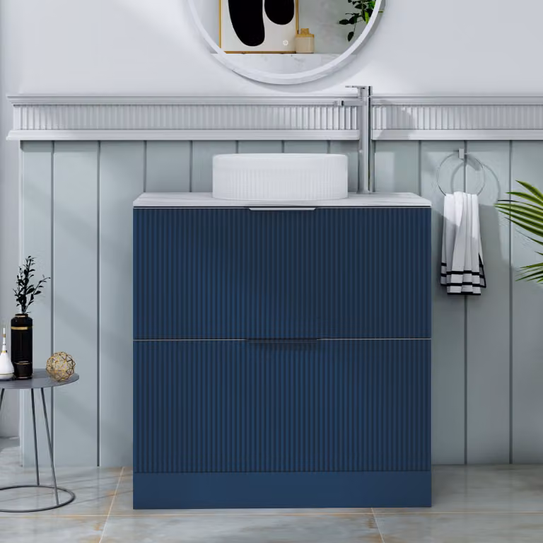 Royal Bathrooms Evora Midnight Blue Fluted Floor Standing Countertop Vanity Unit with 2 Drawers and Round Basin