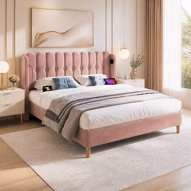 STILVORA Pink Velvet Upholstered Double Bed Frame with USB and Type-C Charging Ports, W/D/H: 140 x 200 x 103 cm – 1