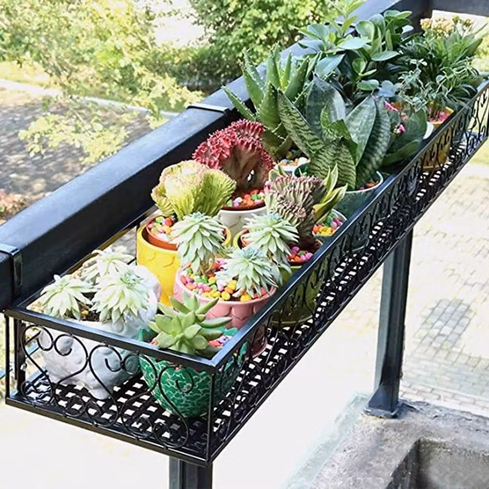 FLAVORA Black Metal Hanging Flower Pot Holder for Balcony and Garden Railings, W/D/H: 80 x 20 x 12 cm – 5