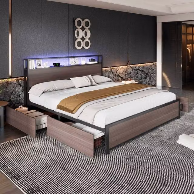 STILVORA Metal 4ft6 Double Bed with 4 Drawers, LED Lighting and USB Charging Port in Grey, W/D/H: 140 x 200 x 135.5 cm