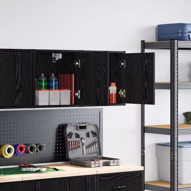 Berkfield Home Set of 2 Black Wall Mounted Garage Cabinets in Matt Engineered Wood