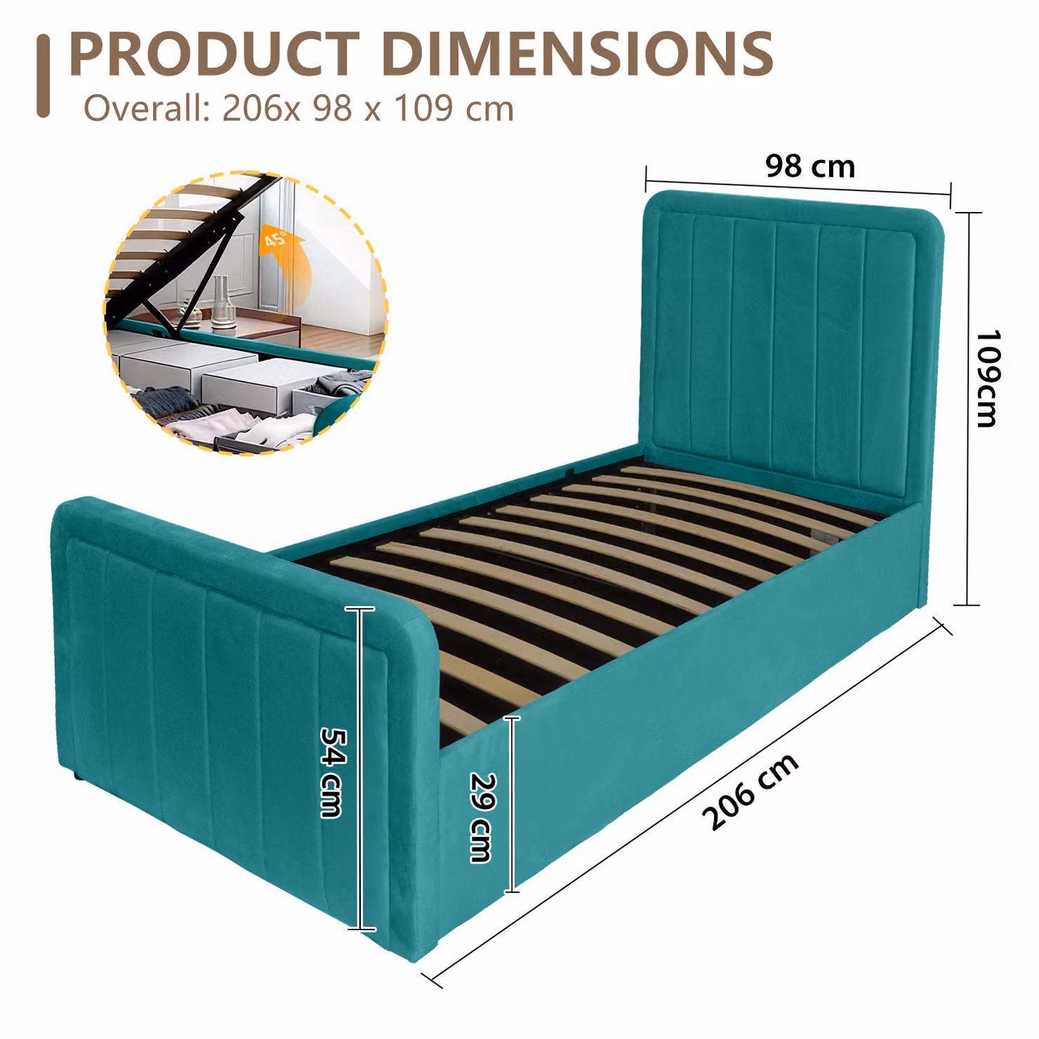 Comfy Living Green Velvet Ottoman Bed Frame with Lift Up Base and Solid Wood Construction, W/D/H: 90 x 190 cm – 3