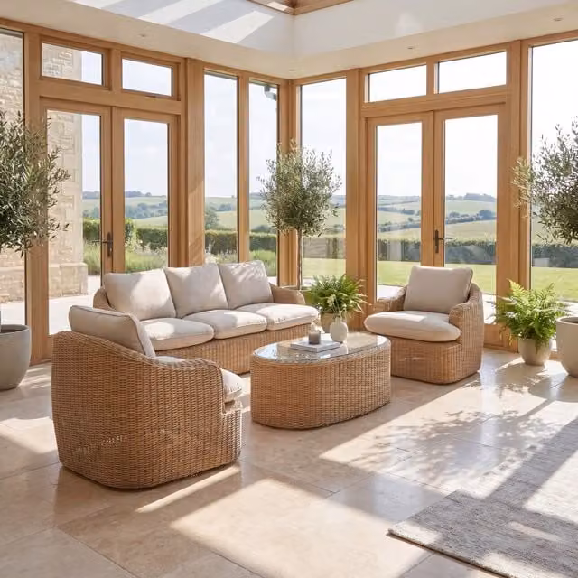 Bellora Outdoor or Conservatory Lounge Conversation Set in Cream and Natural Rattan with Glass and Metal Details