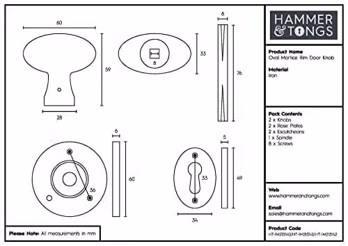 Hammer and Tongs Oval Rim and Mortice Door Knob, Matt Black Iron, Pack of 4 – 1