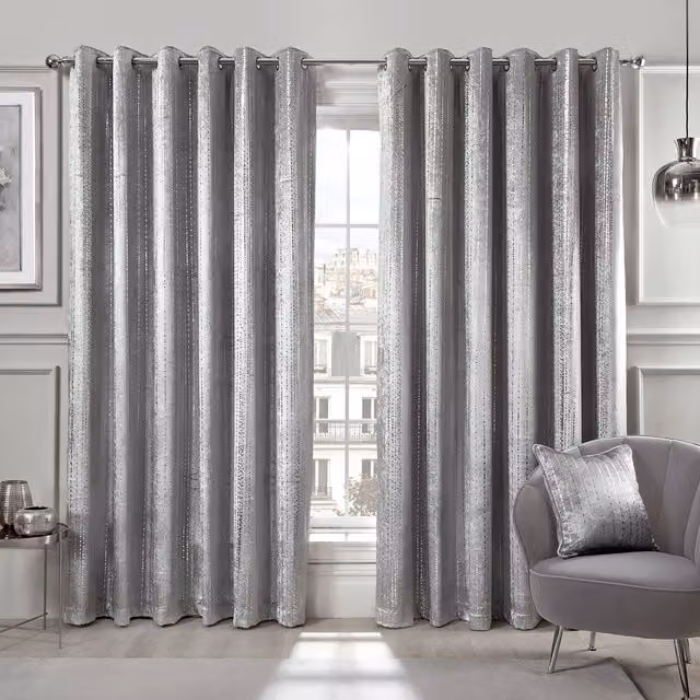 Divante Selina Silver Velvet Opaque Dotted Stripe Eyelet Curtains, Height: 229 cm