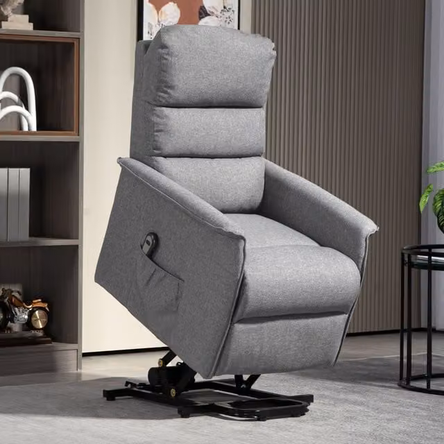 HOMCOM Grey Fabric Power Lift Recliner Electric TV Chair with Remote Control – 1