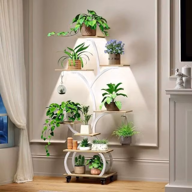 Kelvenix 8-Tier Tall Indoor Plant Stand with Grow Lights in Brown Oak Finish, H 127.0 cm x W 68.0 cm x D 30.0 cm
