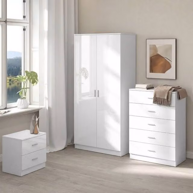 STILVORA 3 Piece Modern Glossy White Bedroom Furniture Set with Wardrobe and Drawers