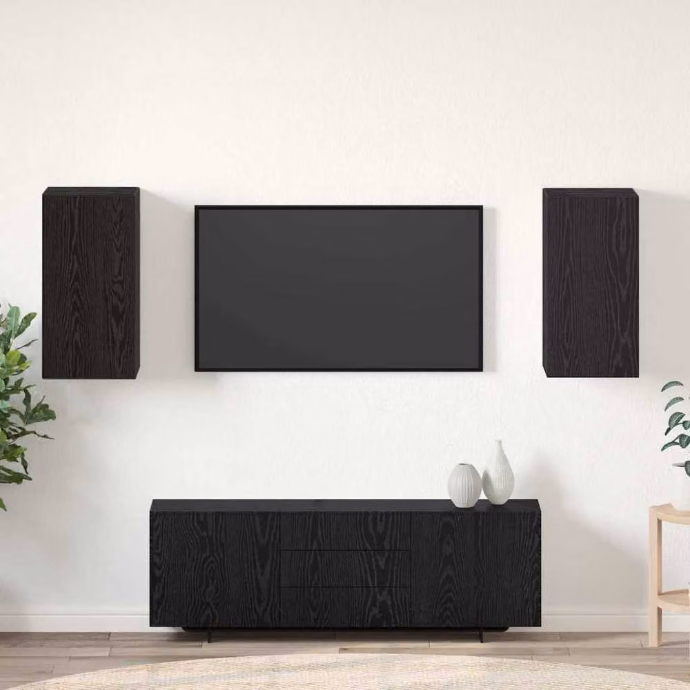 Berkfield Home Modern Wall-Mounted 2-Piece TV Unit with Storage and Hinged Doors in Matt Black – 1