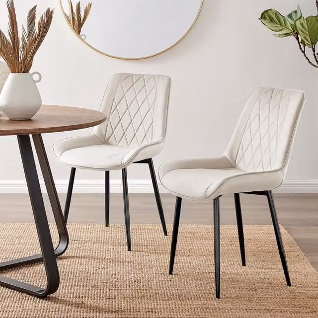 FurnitureboxUK Pesaro Set of 2 Luxury Velvet Dining Chairs with Diamond Stitched Back and Black Metal Legs in Cream