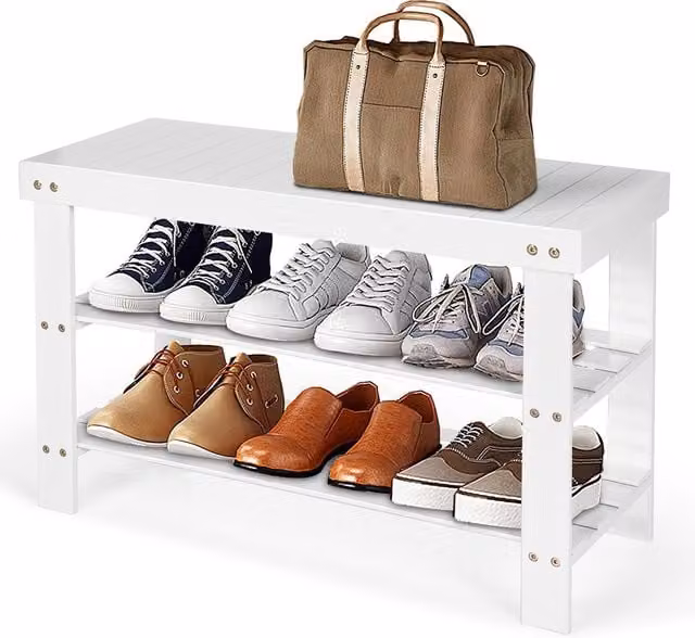 COSTWAY Minimalist White Entryway Shoe Bench and Rack