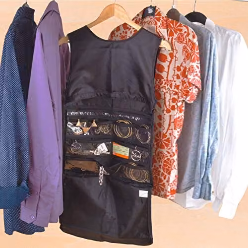 mysmartbuy Dress Shaped Hanging Wardrobe Organiser in Black and Transparent with 9 Zipped Pockets, W: 58.5 cm, H: 39.5 cm