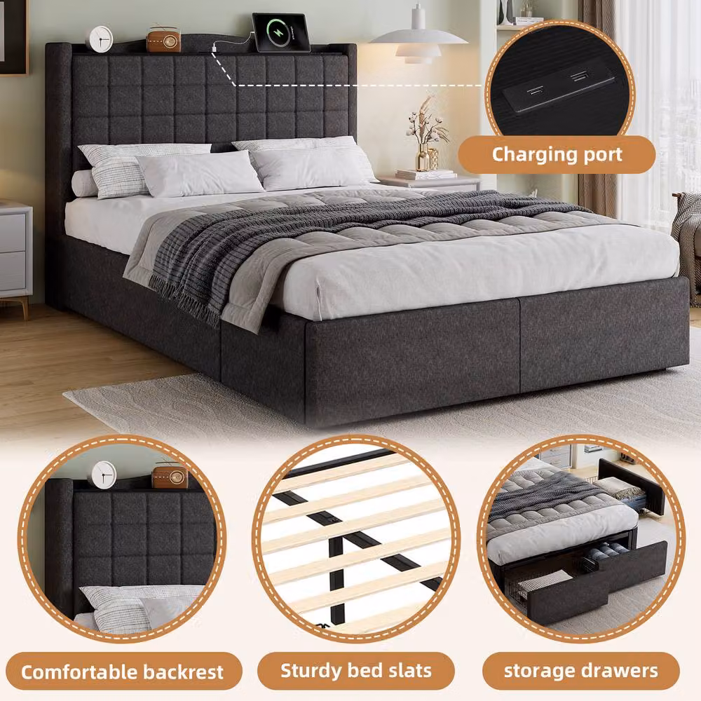 Merax Grey Linen Upholstered Double Storage Bed with 4 Drawers and USB Charging Station W: 135 cm, D: 190 cm, H: 111 cm – 4
