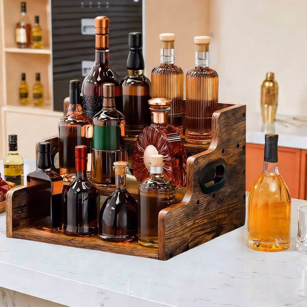VOGREX Industrial Wooden and Metal Countertop Wine Bottle Display Rack in Brown, W/D/H: 41.0 x 23.5 x 3.0 cm – 4