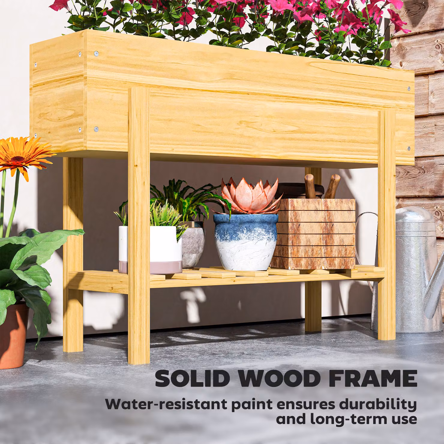 Outsunny Brown Elevated Wooden Raised Garden Bed with Shelf and Liner, W: 100 cm, H: 71 cm, D: 30 cm – 6