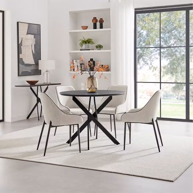 FurnitureboxUK Novara Round Dining Table with 4 Beaumont Chairs, Black Top and Legs with Cream Fabric and Synthetic Leather Chairs