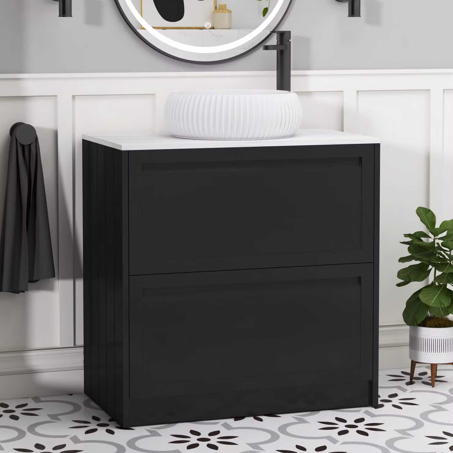 Royal Bathrooms Elmore 800mm Floor Standing Countertop Vanity Unit with 2 Drawers and Milan Basin in Matt Nocturne Black